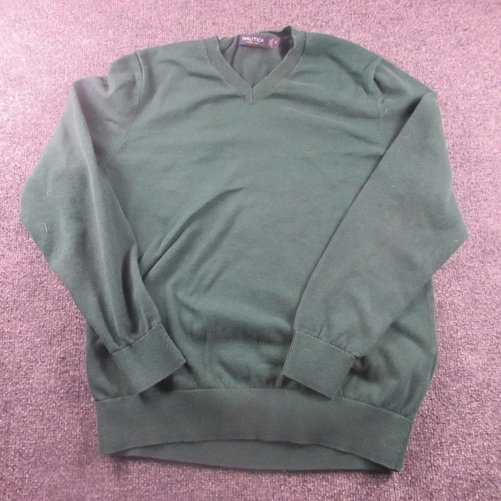 Nautica Sweater‎ Mens Medium Green 100% Cotton V Neck Logo Pullover Knit Classic